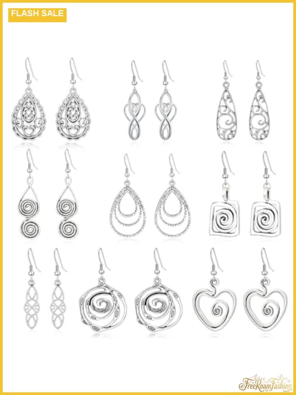 Sterling Silver Plated Dangle Earrings Set Boho Vintage Statement 9 Pairs